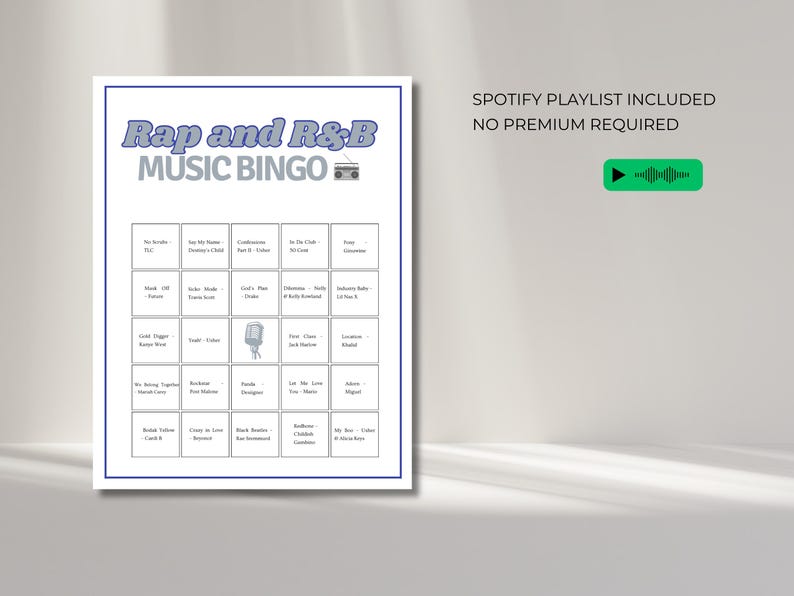 Rap and R&B music bingo cards with Spotify playlist, printable music game for party, rap R&B bingo game with songs included