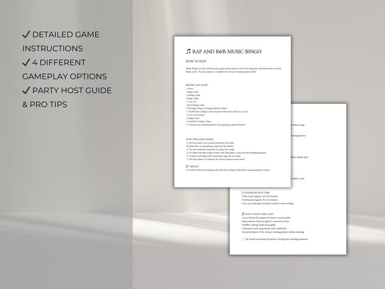 Rap and R&B music bingo instructions, printable party game guide, how to play music bingo with Spotify playlist, group game activity