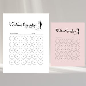 Könnte beinhalten: Zwei Hochzeits-Countdown-Kalender, einer weiß und einer rosa, mit einer schwarzen Illustration eines Brautpaares. Jeder Kalender hat 30 Kreise zum Markieren der Tage. Der Text "Wedding Countdown 30 Days" steht oben.