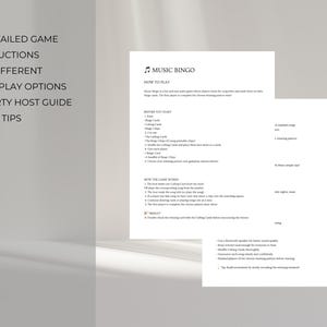 Music bingo game instructions printable showing how to play music bingo party game with calling cards, gameplay options and host guide included