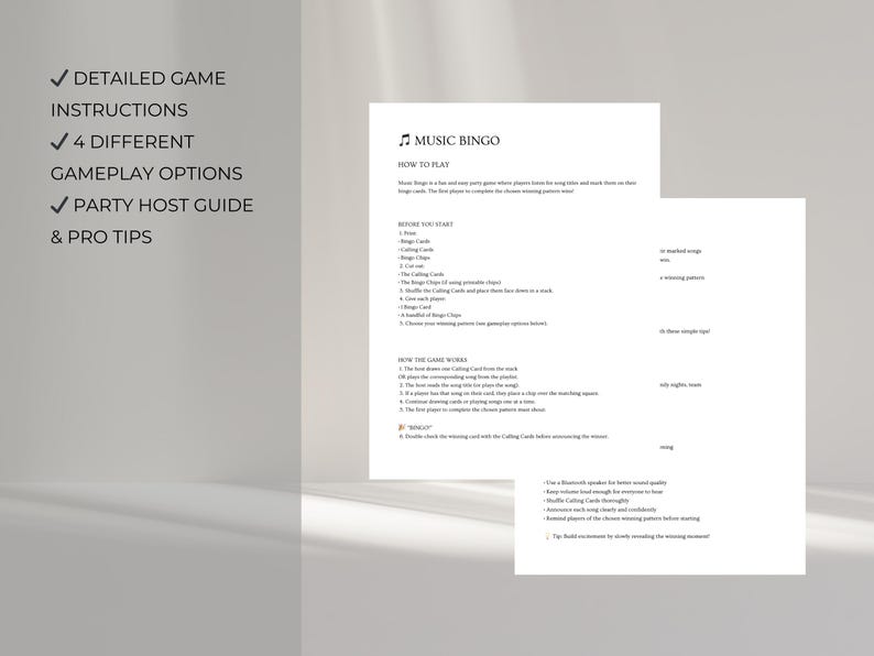 Music bingo game instructions printable showing how to play music bingo party game with calling cards, gameplay options and host guide included