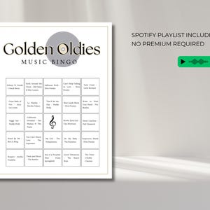 Golden Oldies music bingo with Spotify playlist included, 50s 60s 70s songs ready for easy party game setup