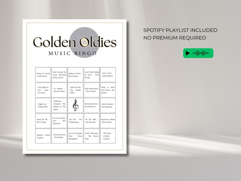 Golden Oldies music bingo with Spotify playlist included, 50s 60s 70s songs ready for easy party game setup