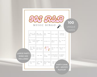 Music Bingo, 90s R&B Music Bingo, Music Bingo Cards, 100 Music Bingo Cards, Bingo Bundle, Throwback 90s Party Game, Spotify Playlist