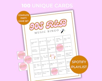Music Bingo, 90s Throwback RandB Bingo, 90s R&B Music Bingo, Music Bingo Cards, 100 Music Bingo Cards, Bingo Bundle, Throwback 90s PartyGame