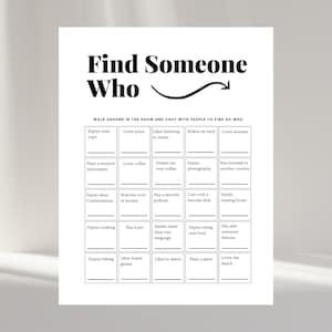 Könnte beinhalten: Ein weißes, bedruckbares Spielblatt mit dem Titel "Find Someone Who". Das Spielblatt hat ein Raster mit Aufforderungen wie "Macht gerne Roadtrips", "Liebt Pizza" und "Spielt ein Musikinstrument". Der Text ist in fetter, schwarzer Schrift.