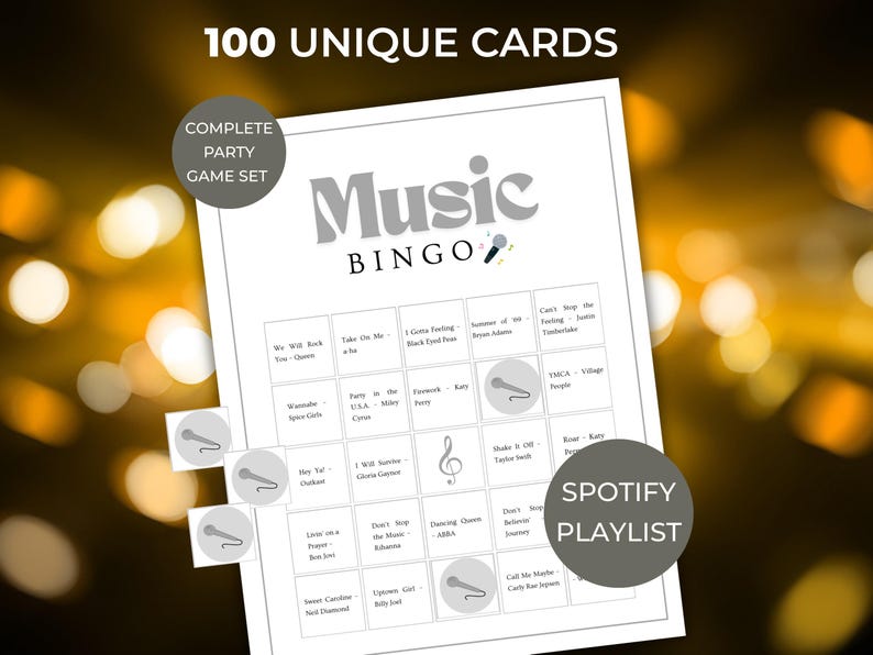 Hit Songs Music Bingo Cards | 100 Music Bingo Cards Printable | Team Building Game | Ice Breaker Game for Work Party
