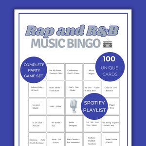 Rap and R&B Music Bingo game cover with 100 unique bingo cards, hip hop party game bundle, rap and R&B printable bingo for ladies night and group games