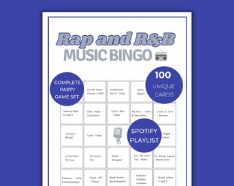 Bingo de música hip hop, bingo musical, bingo de música rap y R&B, cartones de bingo musical, 100 cartones de bingo musical, juegos para la noche de chicas, paquete de bingo