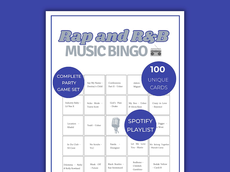 Rap and R&B Music Bingo game cover with 100 unique bingo cards, hip hop party game bundle, rap and R&B printable bingo for ladies night and group games