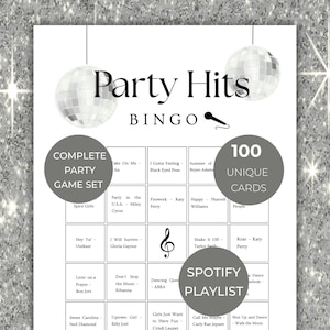 Party Hits Bingo game printable with disco theme, music bingo cards set with 100 unique cards, fun dance hits bingo for birthday party and group game night