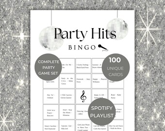 Bingo de éxitos de baile, Bingo musical, Bingo de éxitos para fiestas, Cartones de bingo musical, 100 cartones de bingo musical, Paquete de bingo, Juego de fiesta de cumpleaños de los 80 y 90