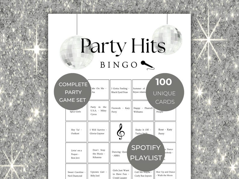 Party Hits Bingo game printable with disco theme, music bingo cards set with 100 unique cards, fun dance hits bingo for birthday party and group game night