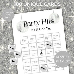 party hits music bingo game printable, birthday party game for adults, dance party game with spotify playlist, fun group activity, printable bingo cards