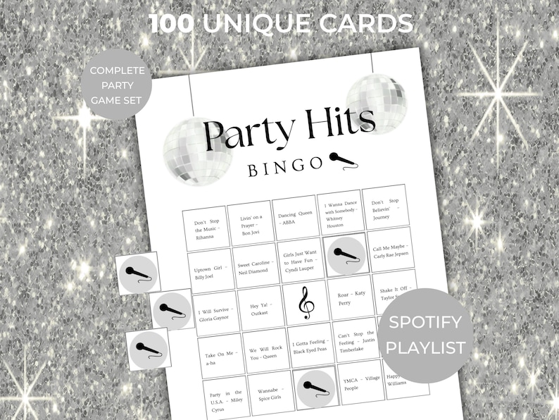 party hits music bingo game printable, birthday party game for adults, dance party game with spotify playlist, fun group activity, printable bingo cards