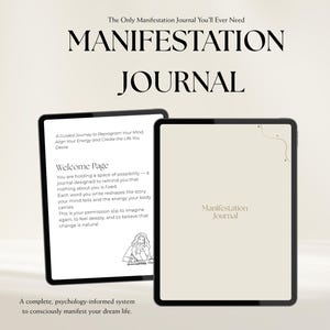 Könnte beinhalten: Zwei schwarze Tablets mit den Worten "MANIFESTATION JOURNAL". Eines zeigt eine "Willkommensseite" mit Text über die Neuprogrammierung des Geistes. Das andere zeigt "Manifestation Journal". Das Bild enthält den Text "The Only Manifestation Journal You'll Ever Need".
