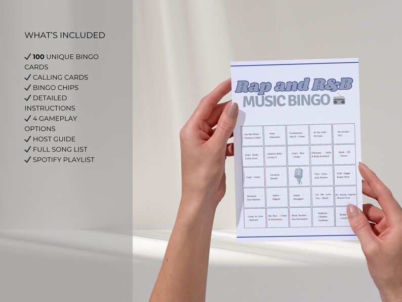 Rap and R&B music bingo printable, 100 unique bingo cards, party game set with calling cards and Spotify playlist, printable bingo game