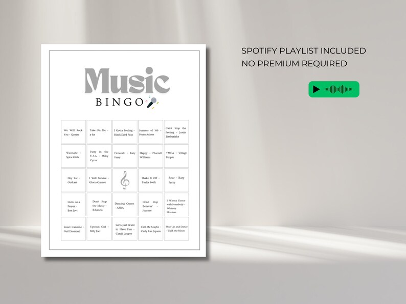 Music Bingo with Spotify Playlist | Hit Songs Music Game | Printable Bingo Cards for Party and Team Building