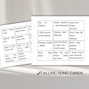 Music bingo calling cards with popular party songs, dance hits bingo game set for interactive group activity and music guessing game