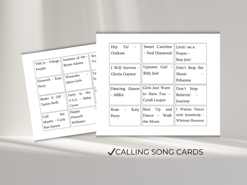 Music bingo calling cards with popular party songs, dance hits bingo game set for interactive group activity and music guessing game