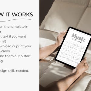 How to play music bingo printable instructions showing easy setup steps for music bingo party game, printable bingo cards and host guide