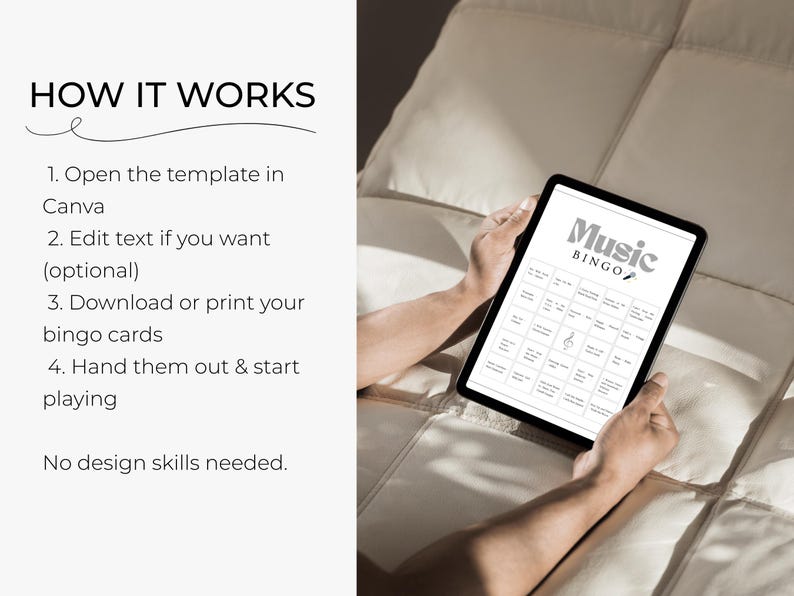 How to play music bingo printable instructions showing easy setup steps for music bingo party game, printable bingo cards and host guide