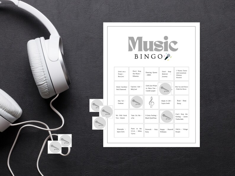 Music bingo printable game displayed with headphones and bingo chips, fun music party game for adults, family gatherings and group game nights