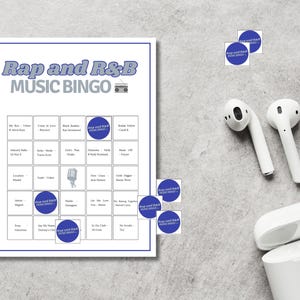 Rap and R&B music bingo printable game with headphones, music party game with Spotify playlist, fun group activity