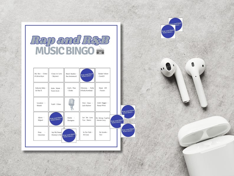 Rap and R&B music bingo printable game with headphones, music party game with Spotify playlist, fun group activity