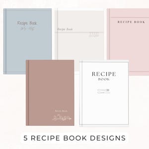 Könnte beinhalten: Fünf Kochbücher in verschiedenen Farben: Hellblau, Weiß, Rosa, Braun und Weiß. Auf jedem Buch steht "Recipe Book" auf dem Einband. Der untere Teil des Bildes lautet "5 RECIPE BOOK DESIGNS."