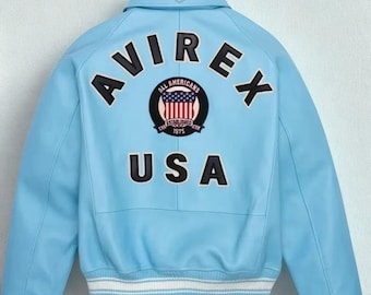 Handgenähte Avirex Herren Lederjacke Kultige Avirex Jacke hellblaue Leder-Bomberjacke Bestseller-Fliegerjacke aus echtem Leder
