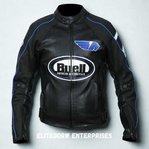 May include: Black leather motorcycle jacket with blue and white accents. Features the "Buell American Motorcycles" logo on the chest. Includes blue piping along the sleeves and shoulders, and a stand-up collar.