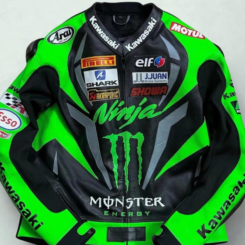 Chaqueta de moto de cuero Kawasaki Ninja Racing: chaqueta de piel de vaca auténtica para hombre, abrigo de motociclista de carreras, chaqueta de moto de cuero auténtico, regalo para él imagen 1