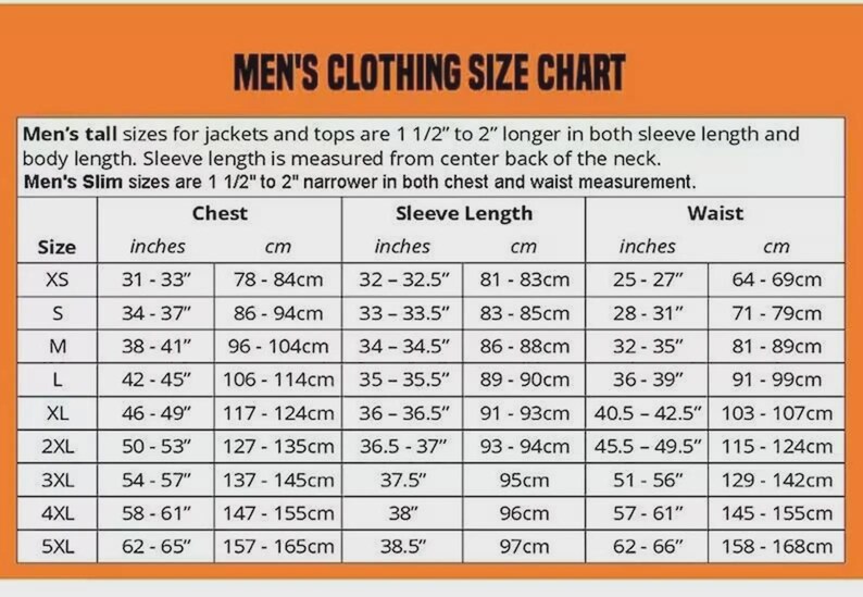Op de afbeelding: Een maattabel voor herenkleding, met afmetingen in inches en cm. De tabel bevat borst-, mouw- en taillematen, vari&euml;rend van XS tot 5XL. De tekst bovenaan luidt "MEN'S CLOTHING SIZE CHART."