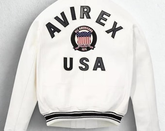 Chaqueta de vuelo americana Avirex blanca de piel de oveja auténtica para hombre