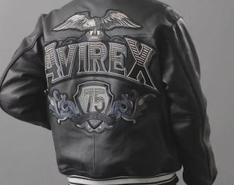 Chaqueta Avirex de cuero vacuno auténtico estilo aviador americano negro para hombre