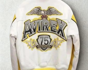 Chaqueta de cuero Avirex Aviator King 75 amarilla para hombre, estilo vintage, estilo bombardero, de piel de vaca auténtica, estilo universitario, estilo motero, ropa de calle de lujo, regalo para él.