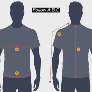 Puede incluir: Diagrama que ilustra las medidas corporales para ropa. Se muestran dos siluetas, una vista frontal y otra posterior, con l&iacute;neas rojas y etiquetas (A, B, C, D) que indican los puntos de medici&oacute;n. El texto "Follow A, B, C" est&aacute; en la parte superior.