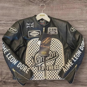 Aime Leon x Vanson Perforated Woven Leather Racing Jacket, Black & White Motorcycle Jacket with Patches X-Ray Vintage Biker Jacket Gift Him
