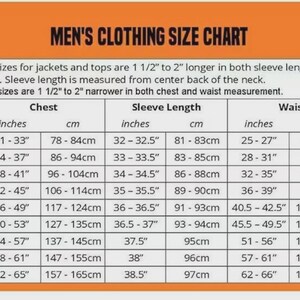 Puede incluir: Tabla de tallas de ropa de hombre con medidas de pecho, largo de manga y cintura en pulgadas y cent&iacute;metros. Tallas de XS a 5XL. Incluye detalles para tallas altas y slim.