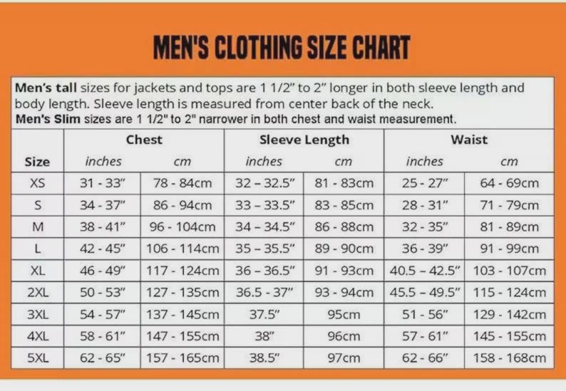 Puede incluir: Tabla de tallas de ropa de hombre con medidas de pecho, largo de manga y cintura en pulgadas y cent&iacute;metros. Tallas de XS a 5XL. Incluye detalles para tallas altas y slim.
