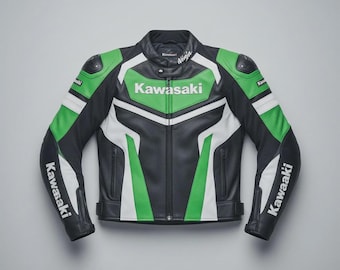 Chaqueta de moto Kawasaki Racing para hombre: piel de vacuno verde y negra.