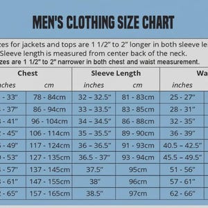 Puede incluir: Tabla de tallas de ropa de hombre con medidas de pecho, largo de manga y cintura en pulgadas y cent&iacute;metros. Tallas de XS a 5XL. Incluye detalles para tallas altas y slim.