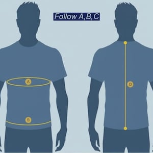 Puede incluir: Una camiseta azul con un diagrama que ilustra c&oacute;mo medir el pecho y la cintura. El texto "Follow A, B, C" est&aacute; encima de la silueta de una persona. La vista posterior muestra una medida desde el cuello hasta la cintura.