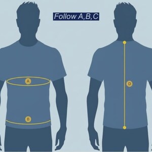 Puede incluir: Una camiseta azul con un diagrama que muestra c&oacute;mo medir el pecho, la cintura y la longitud de la espalda. El texto "Follow A, B, C" est&aacute; sobre la silueta de una persona. Las l&iacute;neas son amarillas.