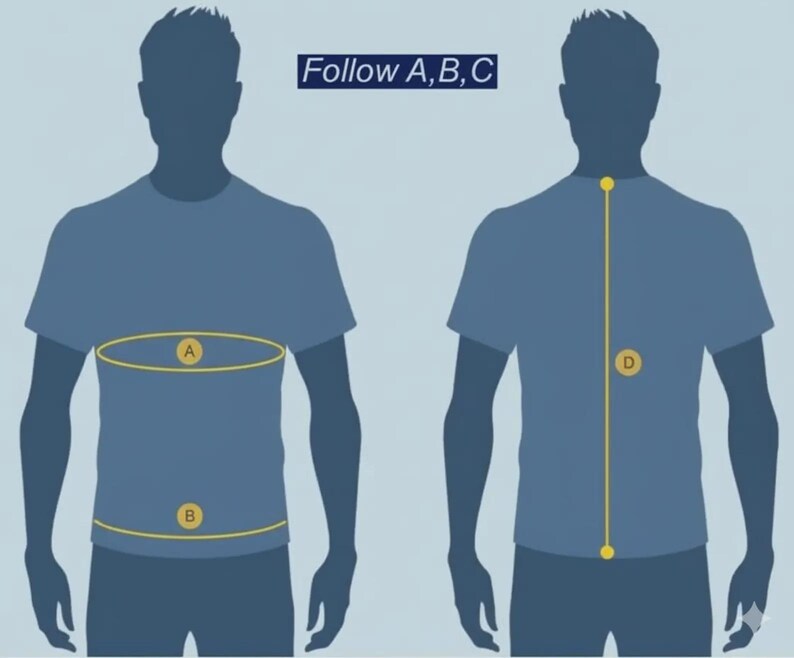 Puede incluir: Una camiseta azul con un diagrama que muestra c&oacute;mo medir el pecho, la cintura y la longitud de la espalda. El texto "Follow A, B, C" est&aacute; sobre la silueta de una persona. Las l&iacute;neas son amarillas.