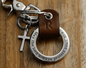 Custom Religious Cross Charm Keychain - Italian Leather Keychain - Personalized with any text up to 40 Char - Handcrafted