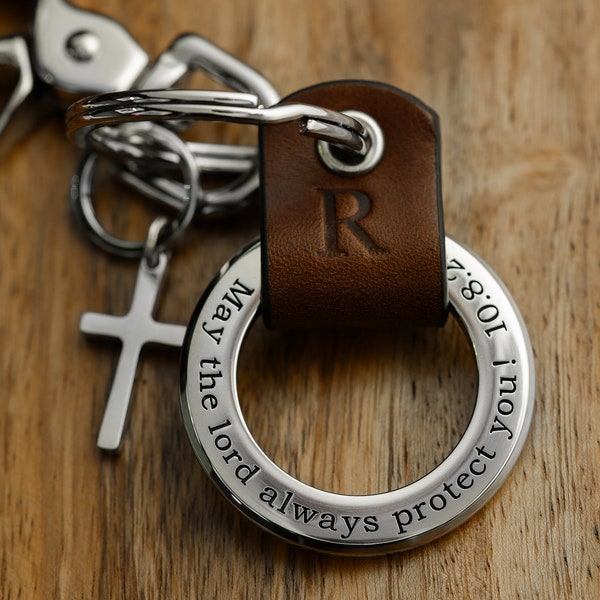 Custom Religious Cross Charm Keychain - Italian Leather Keychain - Personalized with any text up to 40 Char - Handcrafted