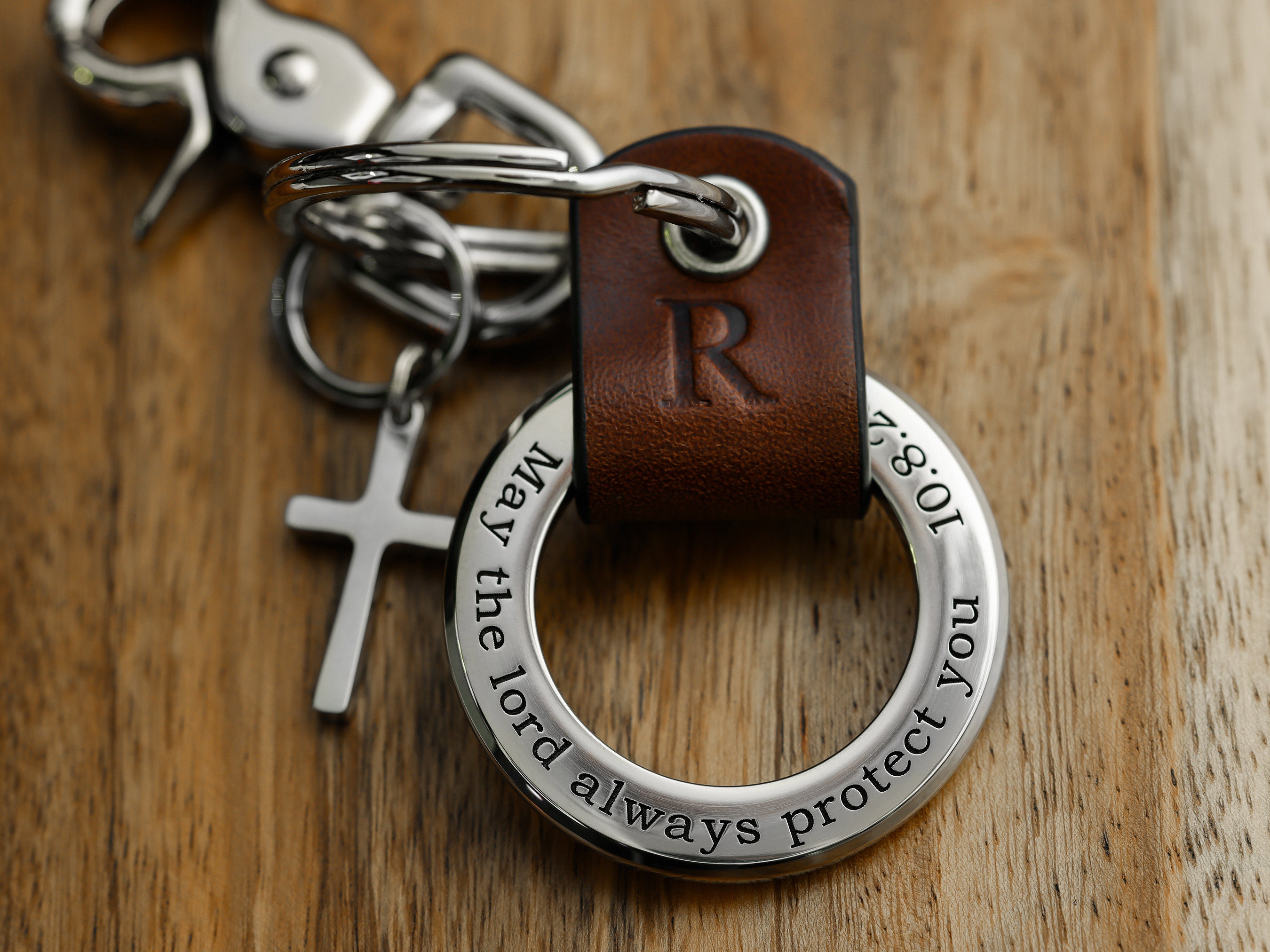 Custom Religious Cross Charm Keychain - Italian Leather Keychain - Personalized with any text up to 40 Char - Handcrafted