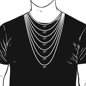 May include: A black and white illustration of a person wearing a t-shirt with different lengths of necklaces, labelled 18", 20", 22", 24", 26", 28", and 30".